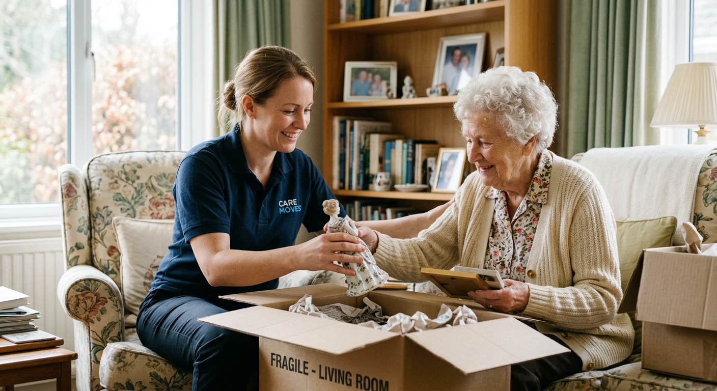 A Gentle Transitions moving specialist helping an elderly woman pack cherished belongings in Richmond, VA